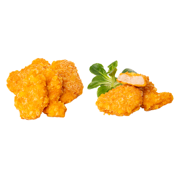Hähnchenbrust Nuggets, aus Fleischstücken zusammengefügt, mit 8% Flüssigwürzung, paniert und frittiert
