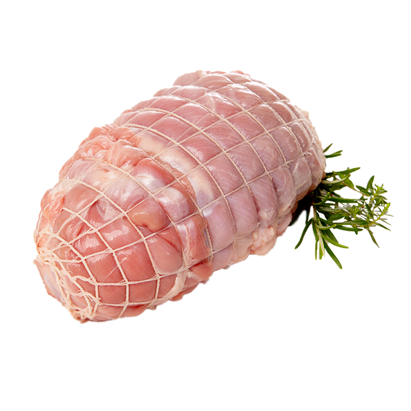 Putenrollbraten mit Haut aus der Oberkeule, im Bratennetz