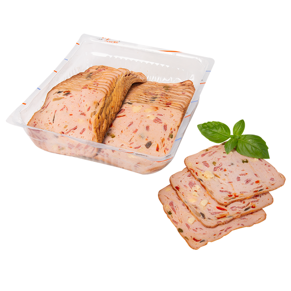 Pizzafleischkäse, geschnitten