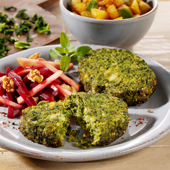 Grünkohl-Hanf-Burger, vorfrittiert