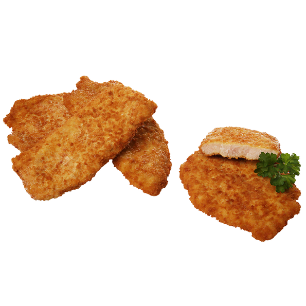 Schweinelachsschnitzel, flüssig gewürzt, paniert und gebraten