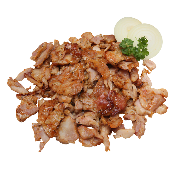 Hähnchen Kebabfleisch, Halal Hähnchenkeulenfleisch flüssig gewürzt, geschnitten, gebraten