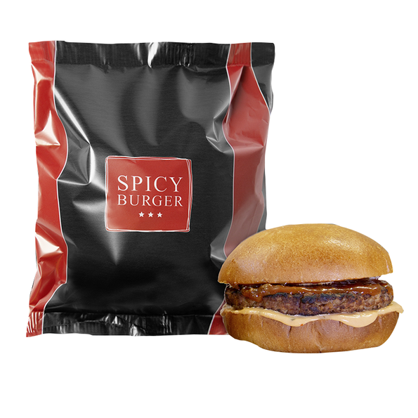 Spicy Burger, Brioche Burgerbrötchen mit Rinder Patty, Burger Dressing und Spicy Dressing