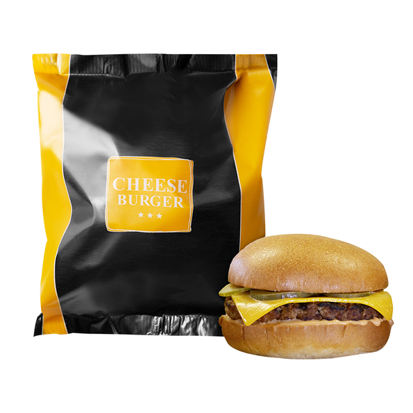 Cheese Burger, Brioche Burgerbrötchen mit Rinder Patty, Burger Dressing, Cheddar Käse und eingelegten Gurken