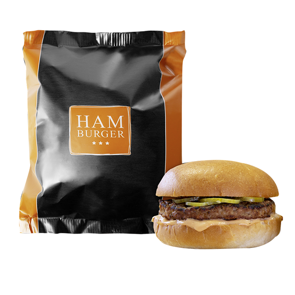 Hamburger, Brioche Burgerbrötchen mit Rinder Patty, Burger Dressing und eingelegten Gurken
