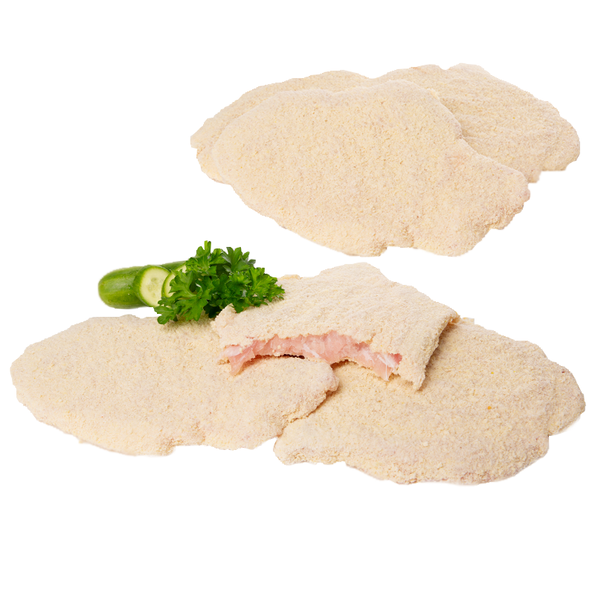 Schweinelachsschnitzel, flüssig gewürzt, roh, paniert