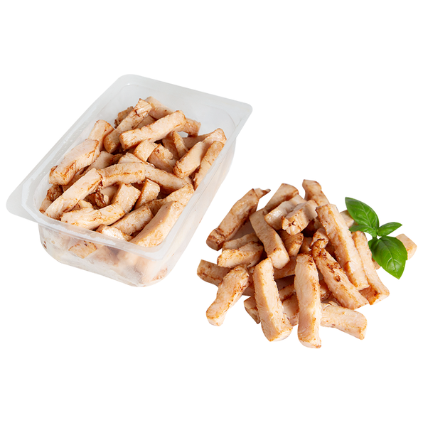 Hähnchen-Filetstreifen, aus Fleischstücken zusammengefügt, flüssig gewürzt, gebraten