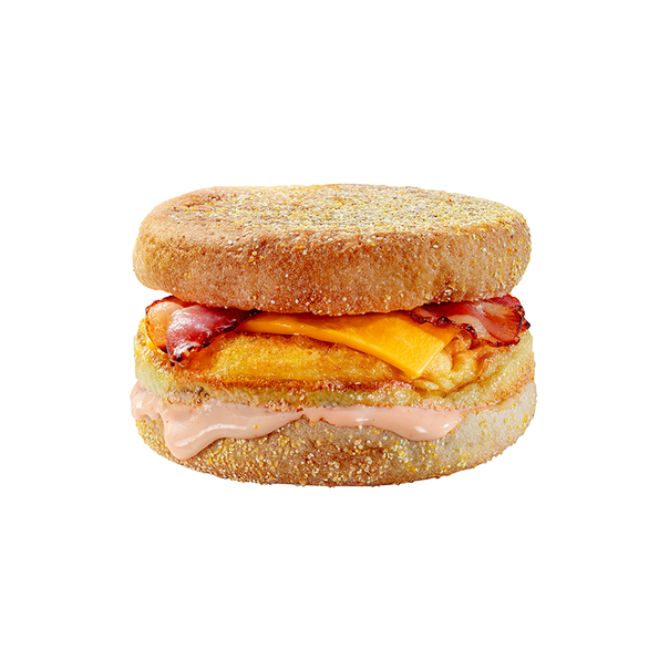 Breakfast Muffin Muffin-Sandwich mit Omelett, Cheddar-Käse, Dressing und Bacon mit Zuckern und Süßungsmittel