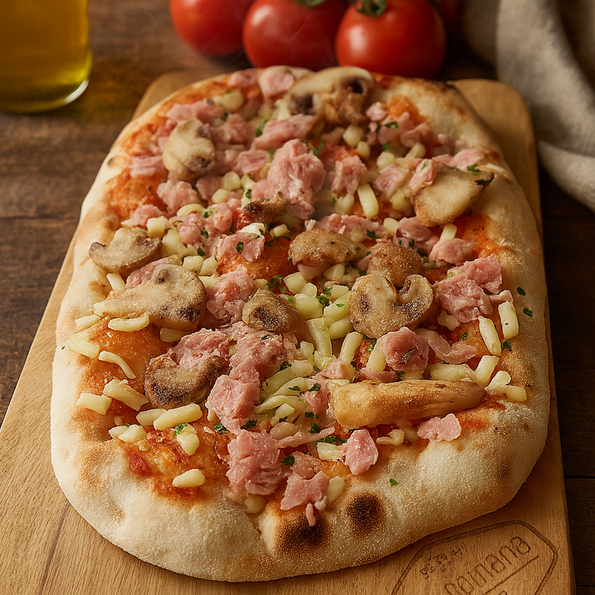 Mini Pinsa Prosciutto é Funghi, vorgebacken