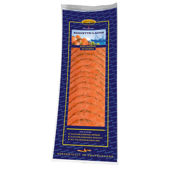 Baguette Lachs, Gravad Lachs aus Lachsfilet zusammengefügt, in Scheiben