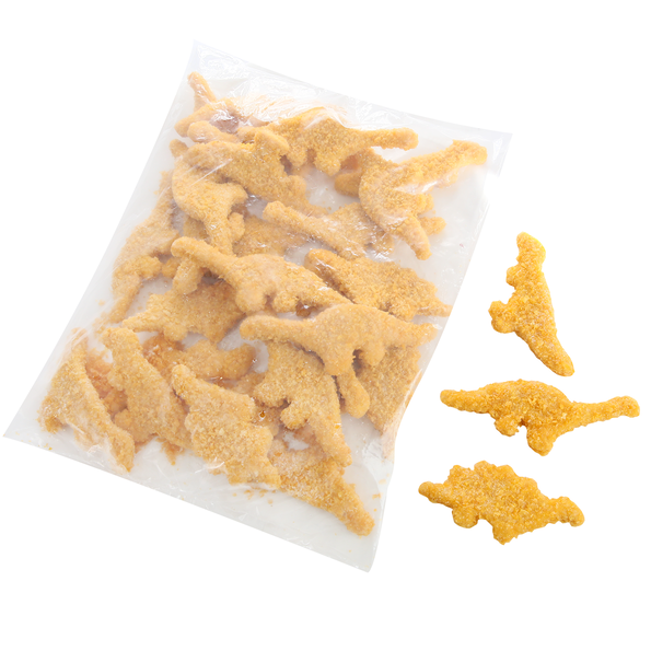Hähnchen Dinos, aus fein zerkleinertem Hähnchenbrustfleisch geformt, mit Cornflakespanade, flüssig gewürzt, vorgebraten