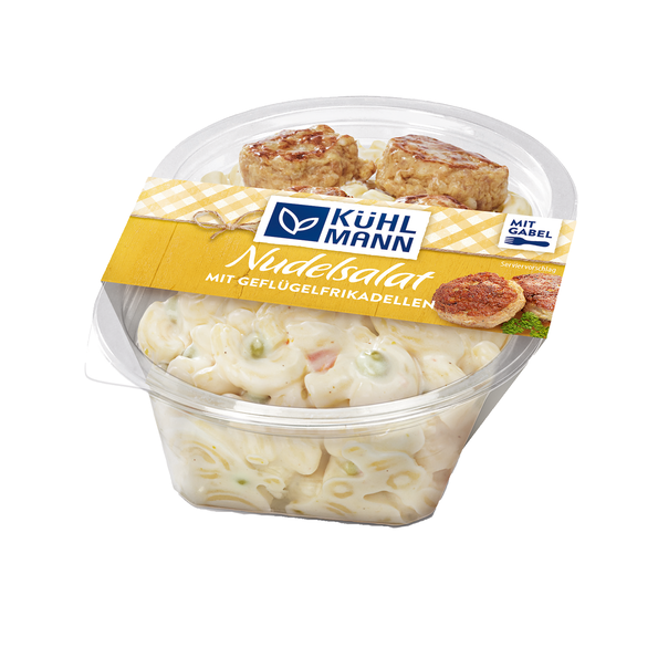 Nudelsalat mit Geflügel-Frikadellen
