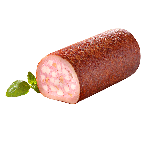 Hähnchen-Pastete, gegrillt nach Art einer Brühwurstroulade mit einer Mozzarellakäse-Zubereitung, mit Schweinegelatine