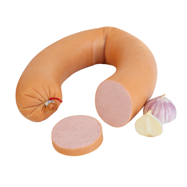 Leckerbissen Schinkenfleischwurst mit Knoblauch, gebrüht und geräuchert