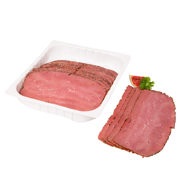 Pastrami mit feiner Pfeffernote, gepökelte Rinderbrust, gegart mit Gewürzauflage "New York Style"