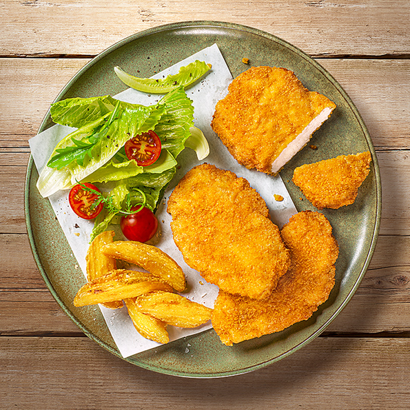 Hähnchenschnitzel, roh, flüssig gewürzt, paniert, Halal