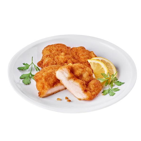 Backhendl aus der Hähnchenkeule mit Semmelbröselpanade, flüssig gewürzt, paniert, vorgebraten und frittiert, Halal