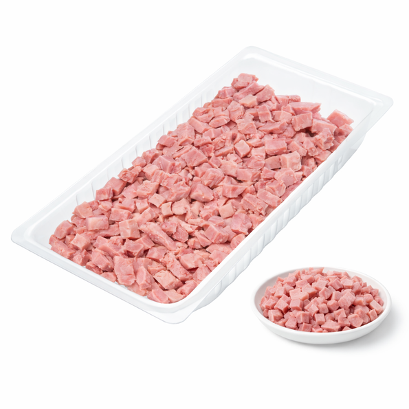 Putenkochschinken, gegart, gepökelt, aus Fleischstücken zusammengefügt, mit Flüssigwürzung, gewürfelt, Halal