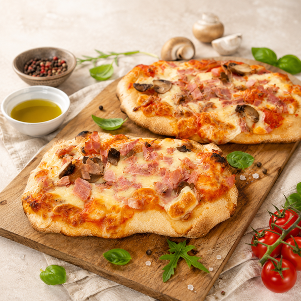 Midi Pinsa Prosciutto é Funghi, vorgebacken