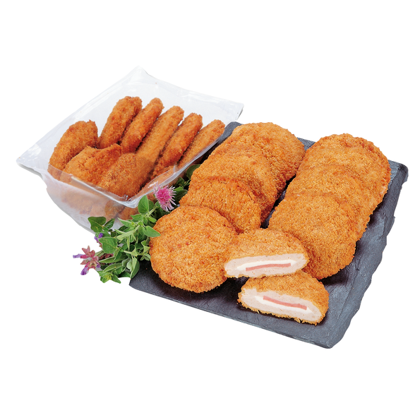 Truthahn Schnitten Art Cordon Bleu mit 7 % Putenschinken, 7 % Käse, fein zerkleinertem Putenfleisch, geformt, paniert und gegart, Halal