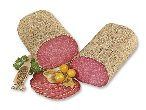 Chickensalamibarren Ia "Pfeffer", Geflügelsalami mit Pflanzenfett, ummantelt mit Pfeffer und Rindergelatine, geräuchert